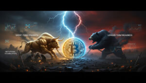 A dramatic digital painting of a golden bull and a black bear engaging in a tug-of-war over a large, glowing Bitcoin token, with lightning splitting the dusk sky and technical analysis graphics floating around.