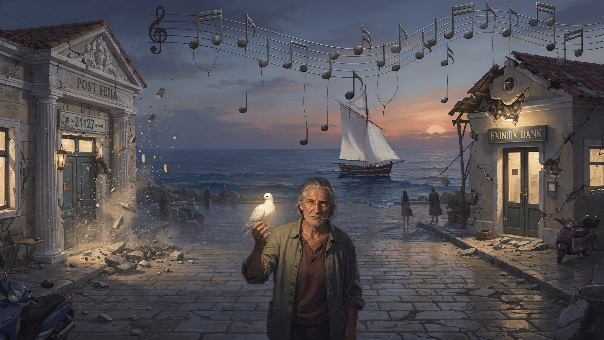A man stands on a cracked stone promenade by the sea at sunset, gently holding a glowing white dove in his hand between two damaged old buildings, while a sailboat glides on the water and floating musical notes arc across the sky.