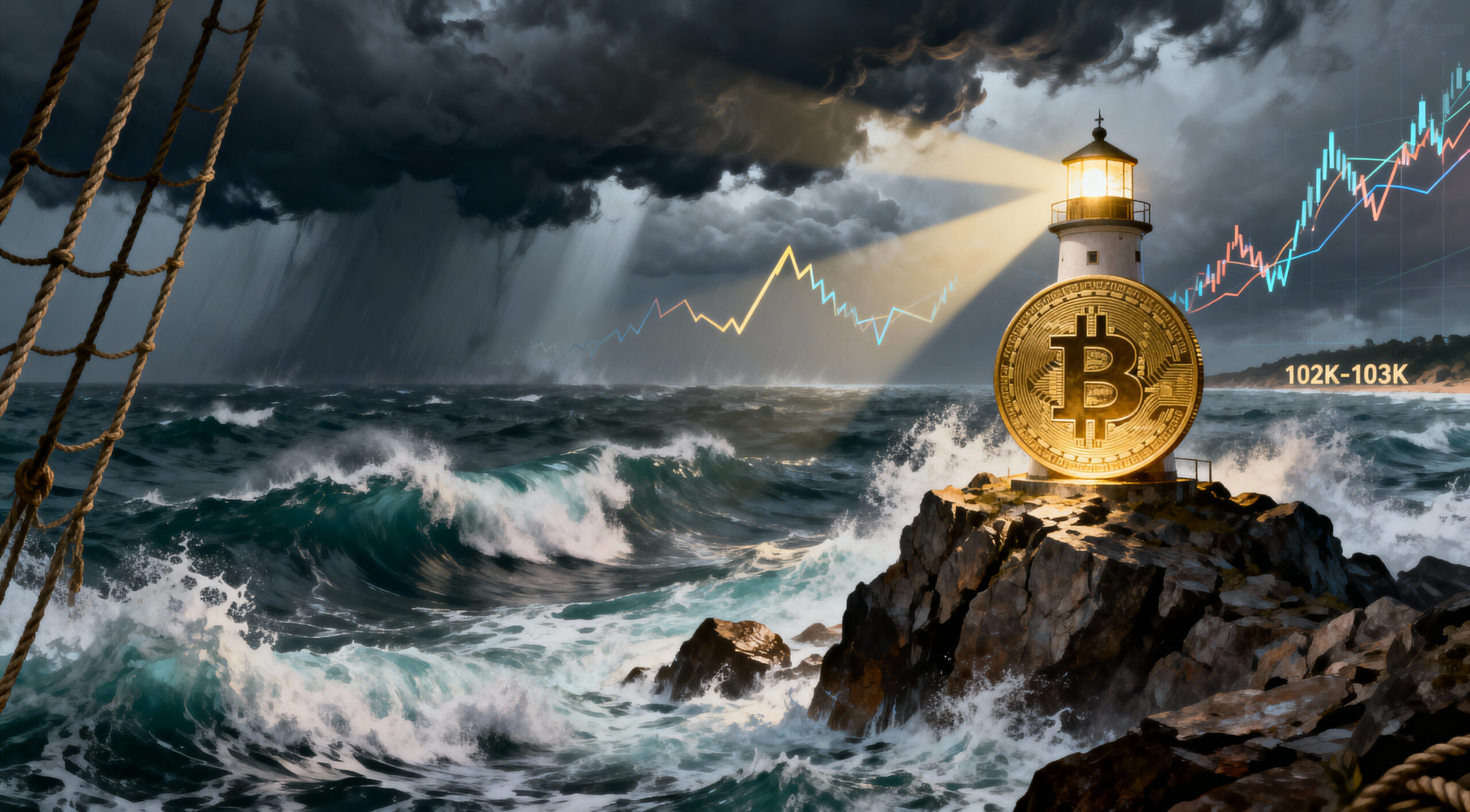 A golden Bitcoin coin is integrated with a lighthouse on jagged rocks, illuminated against a stormy sea. Lightning and abstract trading chart lines slice the sky, while the waves crash in the foreground. To the right, the label "102K-103K" marks a distant shore, symbolizing support in turbulent conditions.