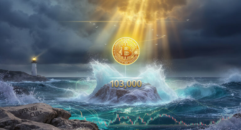 A golden Bitcoin coin glowing in sunlight hovers above turbulent ocean waves, anchored to a rocky outcrop marked “103,000” with faint chart lines visible below the water’s surface. A lighthouse shines in the distance, and the words “OVERSOLD CYCLE” are carved into the foreground rocks, symbolizing strategic opportunity amidst market turmoil.