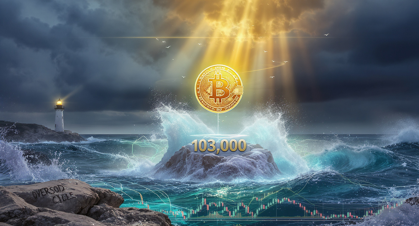 A golden Bitcoin coin glowing in sunlight hovers above turbulent ocean waves, anchored to a rocky outcrop marked “103,000” with faint chart lines visible below the water’s surface. A lighthouse shines in the distance, and the words “OVERSOLD CYCLE” are carved into the foreground rocks, symbolizing strategic opportunity amidst market turmoil.