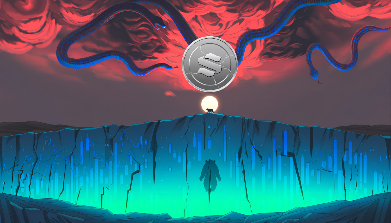 A cracked Solana coin hovers over a jagged cliff ledge beneath stormy red-and-black clouds shaped like serpents, with blue price charts cascading downward and a shadowy bear lurking below, symbolizing market pressure and failing support.