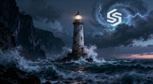 A weathered lighthouse shaped like the Solana logo stands on a rocky shore, battered by crashing storm waves under a dark, swirling sky with the glowing Solana symbol and lightning above