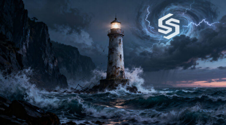 A weathered lighthouse shaped like the Solana logo stands on a rocky shore, battered by crashing storm waves under a dark, swirling sky with the glowing Solana symbol and lightning above