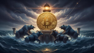 A dramatic digital painting of bulls and bears clashing amidst stormy ocean waves, with a large glowing Bitcoin symbol and lighthouse at the center.