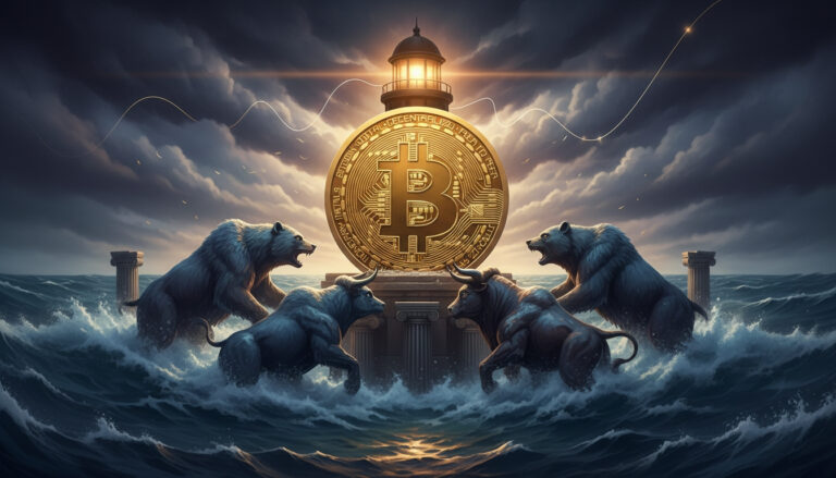 A dramatic digital painting of bulls and bears clashing amidst stormy ocean waves, with a large glowing Bitcoin symbol and lighthouse at the center.