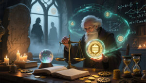 A wise, bearded alchemist sits at a candle-lit desk, weighing coins on a balance scale and holding a radiant Solana (SOL) symbol, surrounded by mathematical formulas, gears, and a glowing crystal ball.