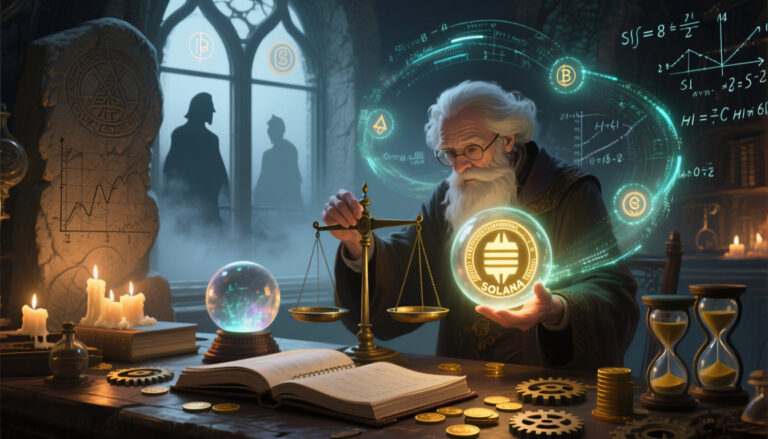 A wise, bearded alchemist sits at a candle-lit desk, weighing coins on a balance scale and holding a radiant Solana (SOL) symbol, surrounded by mathematical formulas, gears, and a glowing crystal ball.