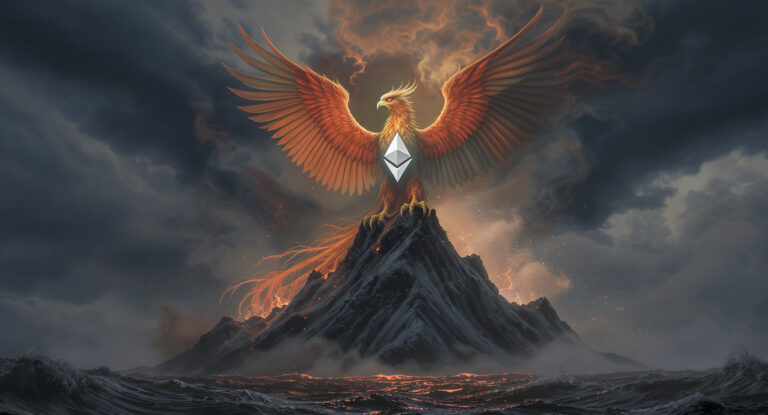 A majestic phoenix with the Ethereum symbol on its chest emerges from a smoldering mountain peak, wings spread wide against stormy skies and turbulent, dark waters