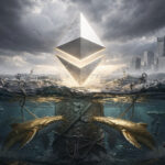A colossal, glowing Ethereum token symbol rises above stormy ocean waves, surrounded by golden whales and heavy anchor chains, set against a backdrop of a distant city skyline under dramatic, cloudy skies.