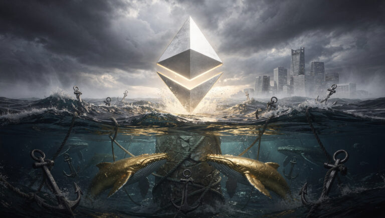 A colossal, glowing Ethereum token symbol rises above stormy ocean waves, surrounded by golden whales and heavy anchor chains, set against a backdrop of a distant city skyline under dramatic, cloudy skies.