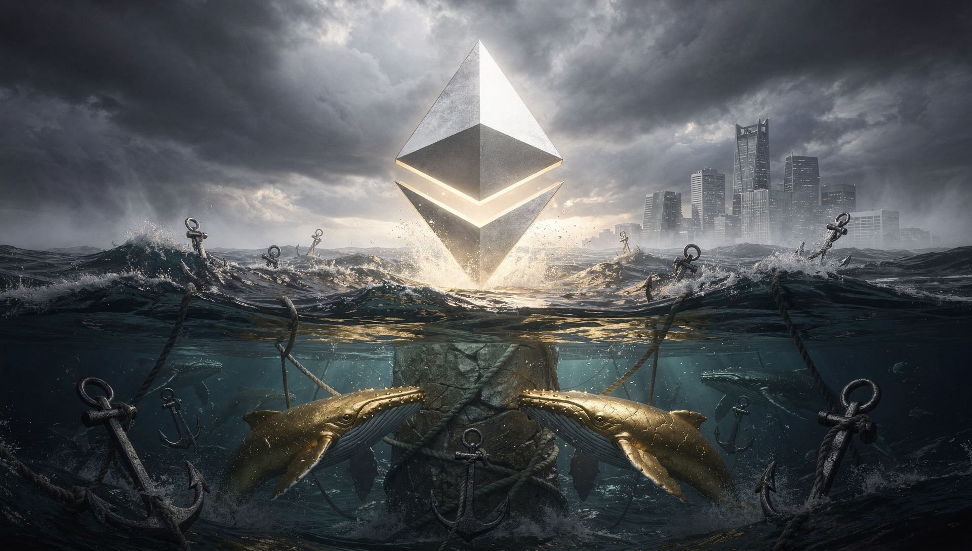 A colossal, glowing Ethereum token symbol rises above stormy ocean waves, surrounded by golden whales and heavy anchor chains, set against a backdrop of a distant city skyline under dramatic, cloudy skies.