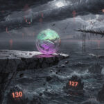 A glowing Solana coin stands on the edge of a cracked cliff above a stormy sea, while numbered rocks marked 130, 127, and 130 rise from the waves and a shattered bridge leads toward a distant city labeled 145–150 under heavy storm clouds.