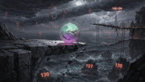 A glowing Solana coin stands on the edge of a cracked cliff above a stormy sea, while numbered rocks marked 130, 127, and 130 rise from the waves and a shattered bridge leads toward a distant city labeled 145–150 under heavy storm clouds.