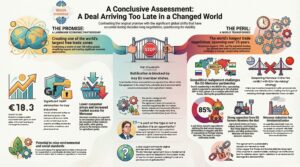 Infographic analyzing the EU‑Mercosur trade agreement, contrasting its original promise of a vast free‑trade zone and economic gains with present‑day geopolitical, environmental, and political obstacles that now threaten ratification