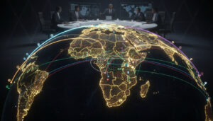 Illuminated globe focused on Africa at night, crisscrossed by colorful curved routes, with blurred diplomats seated at a strategy table in the background.