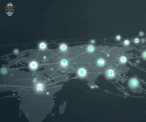 A stylized world map in dark colors shows glowing turquoise icons connected by lines, representing global banks and digital currencies linked in a blockchain-style network.