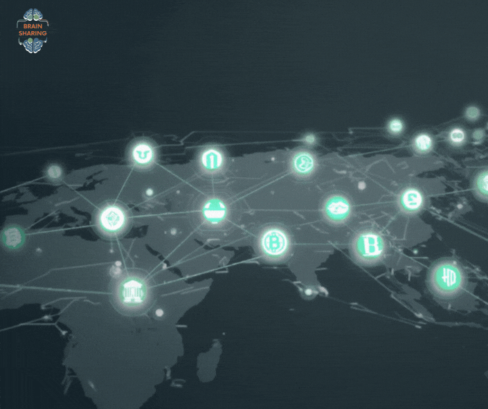 A stylized world map in dark colors shows glowing turquoise icons connected by lines, representing global banks and digital currencies linked in a blockchain-style network.