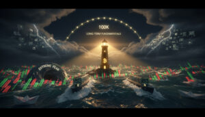 Cinematic illustration of a glowing Bitcoin lighthouse rising from stormy ocean waves made of red and green candlestick charts, guiding institutional cargo ships past a dark whirlpool labeled “Extreme Fear” toward a distant 100K arch in the sky.