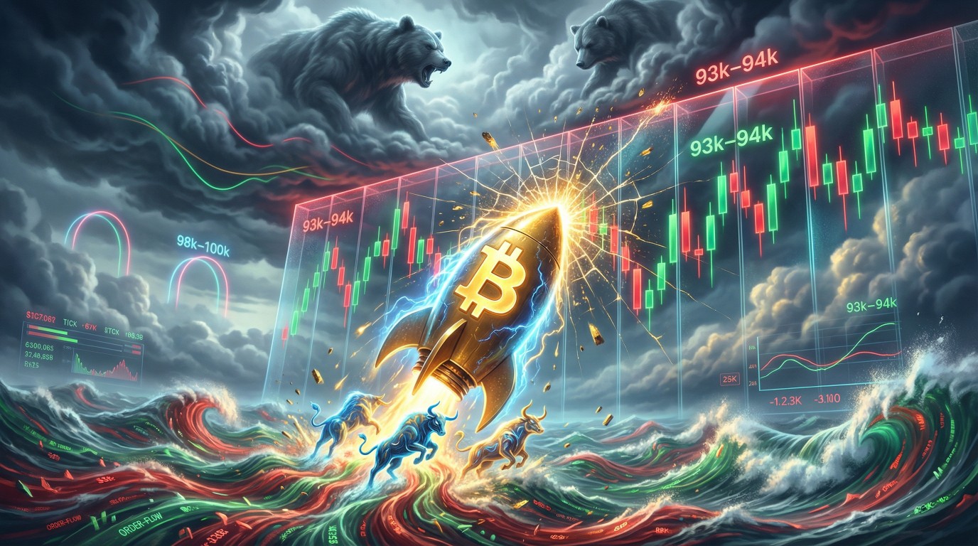 A Bitcoin rocket, powered by charging bulls, surges out of turbulent order‑flow waves only to crash into a glowing 93k–94k resistance wall under looming bearish clouds, symbolizing a powerful but constrained fugazi rally.