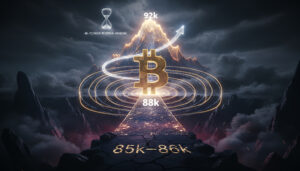 A dramatic digital landscape shows a giant golden Bitcoin symbol hovering above a glowing 88k level, with a cracked path marked 85k–86k below and a bright mountain peak labeled 92k ahead, an hourglass and swirling light suggesting a tight reversal window.