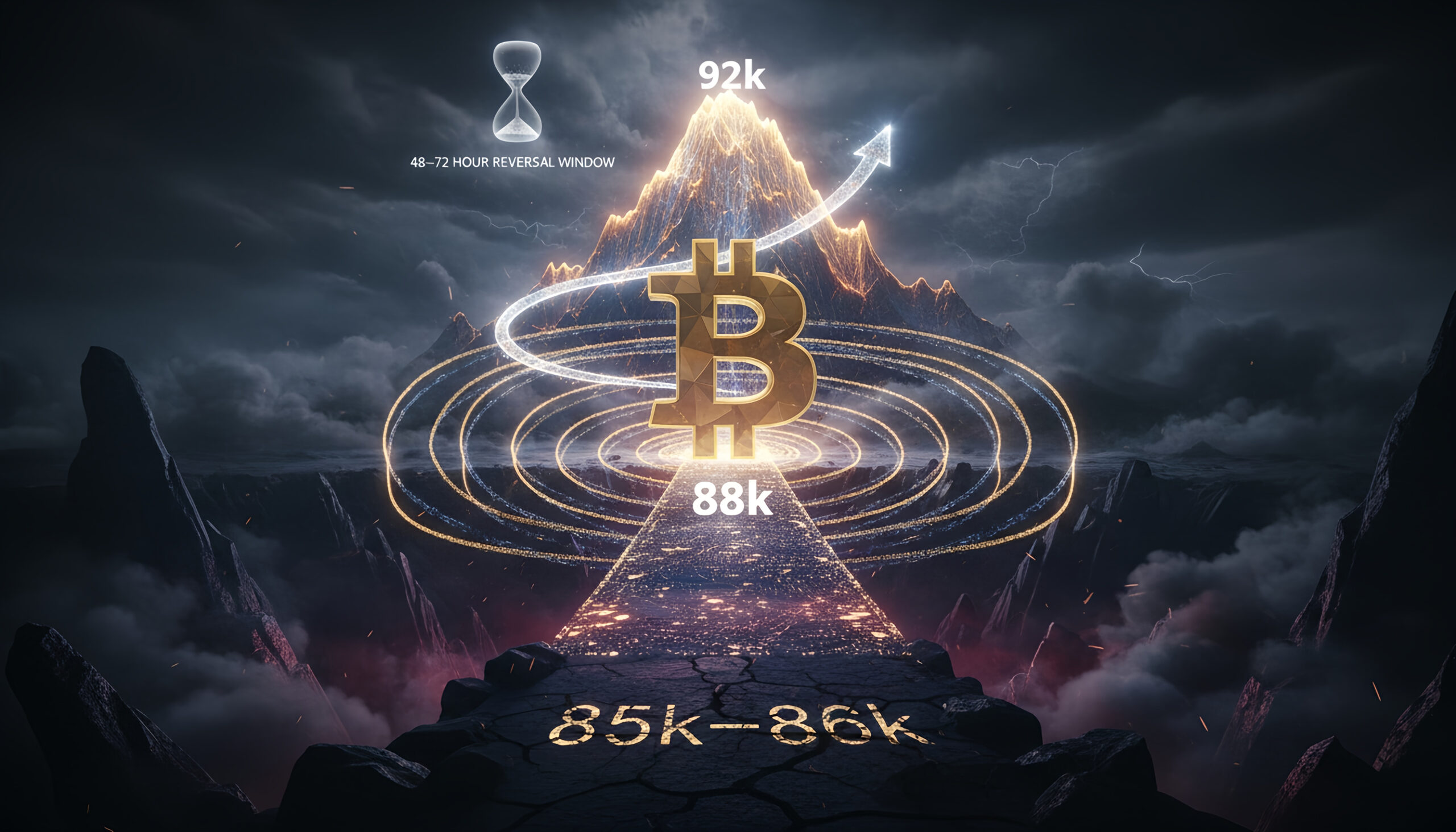 A dramatic digital landscape shows a giant golden Bitcoin symbol hovering above a glowing 88k level, with a cracked path marked 85k–86k below and a bright mountain peak labeled 92k ahead, an hourglass and swirling light suggesting a tight reversal window.