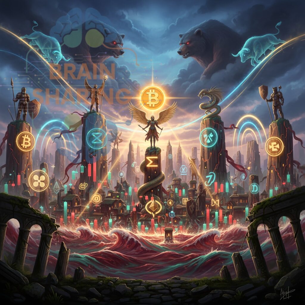 Epic fantasy city of crypto tokens at dusk, with towering stone pillars topped by glowing coin symbols and armored guardians, a radiant Bitcoin emblem shining above a winged figure in the center, bears in the storm clouds, a spectral bull on a rising curve, and red market waves crashing around the city.