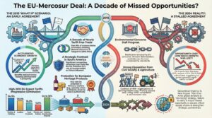 Infographic comparing a 2015 “what if” early agreement scenario and the 2024 stalled reality of the EU–Mercosur trade deal, showing timelines, icons, charts, and text about economic growth, environmental concerns, and political opposition.