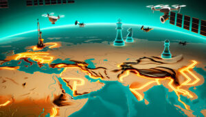 Stylized map of West and Central Asia glowing in teal and orange, with bright energy pipelines, mountain ranges, chess pieces, drones, and satellites symbolizing strategic power and surveillance across the region