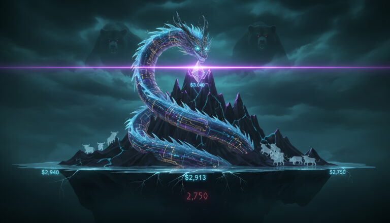 A glowing cybernetic dragon made of circuitry coils around a dark floating mountain, guarding a neon Ethereum symbol at a $3,040 barrier while bears and price levels loom in a stormy sky.