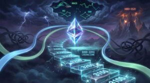 A glowing Ethereum logo floats above a fragile glass staircase of price levels rising from 3100 through 3350 toward distant fiery mountains marked 3480–3520, while swirling EMA‑like ribbons, storm clouds, lightning, and MACD/RSI/DMI charts in the sky symbolize a tense yet hopeful crypto rally.