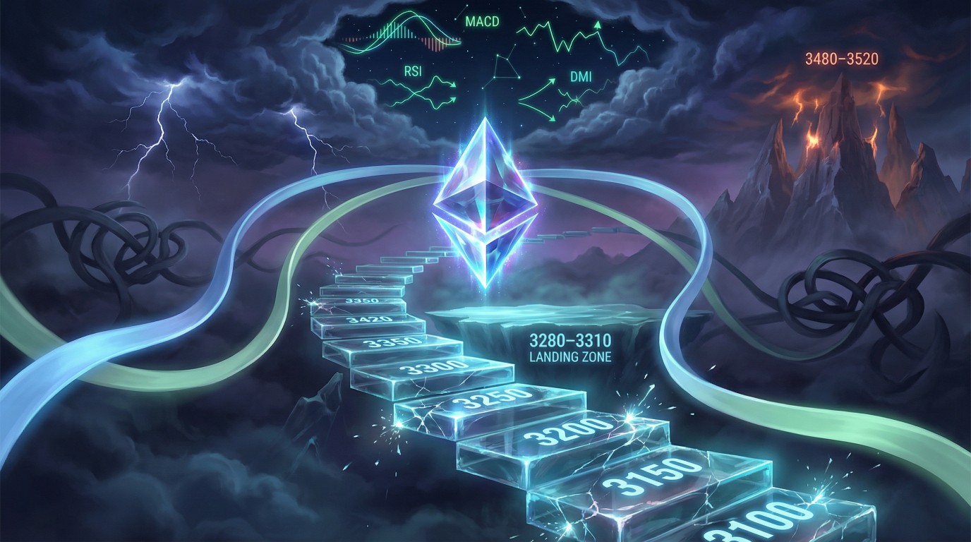 A glowing Ethereum logo floats above a fragile glass staircase of price levels rising from 3100 through 3350 toward distant fiery mountains marked 3480–3520, while swirling EMA‑like ribbons, storm clouds, lightning, and MACD/RSI/DMI charts in the sky symbolize a tense yet hopeful crypto rally.