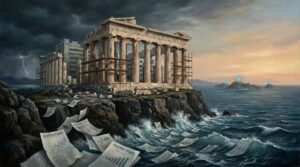 A stormy seascape shows the Parthenon on a rocky cliff, partially under scaffolding and backed by modern hospital buildings, while charts and policy documents in Greek float in rough waves below and glowing medical crosses appear on distant islands at sunset.
