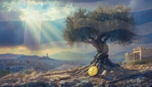 Surreal scene of an olive tree growing above Athens, its roots bound by chains beside scrolls and a gold coin, with the Greek flag and ancient temples in the background.