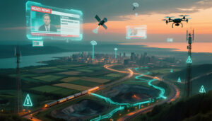 A futuristic inland landscape at sunset with farms, highways, a train, and open-pit mines, overlaid by glowing data routes, news holograms, satellites, drones, and wireless towers broadcasting signals.