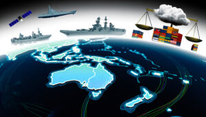 Digital map of Oceania glowing in blue with Australia and Pacific islands, surrounded by warships, a satellite, and a cloud‑top weighing scales filled with colorful shipping containers.