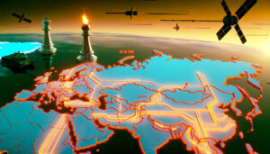 Stylized glowing map of Russia and Europe with bright energy pipelines, metallic chess pieces, a tank, and satellites under an orange sky, symbolizing Russian geopolitical strategy and influence.