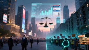 A futuristic city square at dusk with suited officials on one side, protesters and gig workers on the other, and glowing digital charts plus a giant justice scale floating above the street.