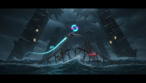 A stormy ocean at night with a broken rollercoaster track rising from the waves, a glowing Solana-style crypto symbol above it, and dark skyscrapers leaning inward while ghostly bearish creatures loom in the clouds.