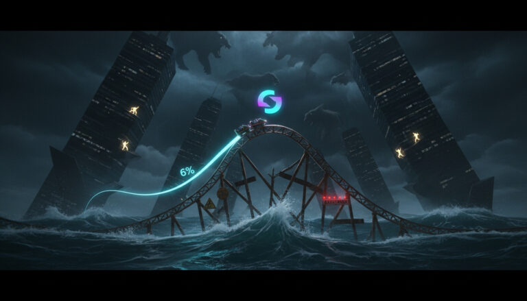 A stormy ocean at night with a broken rollercoaster track rising from the waves, a glowing Solana-style crypto symbol above it, and dark skyscrapers leaning inward while ghostly bearish creatures loom in the clouds.