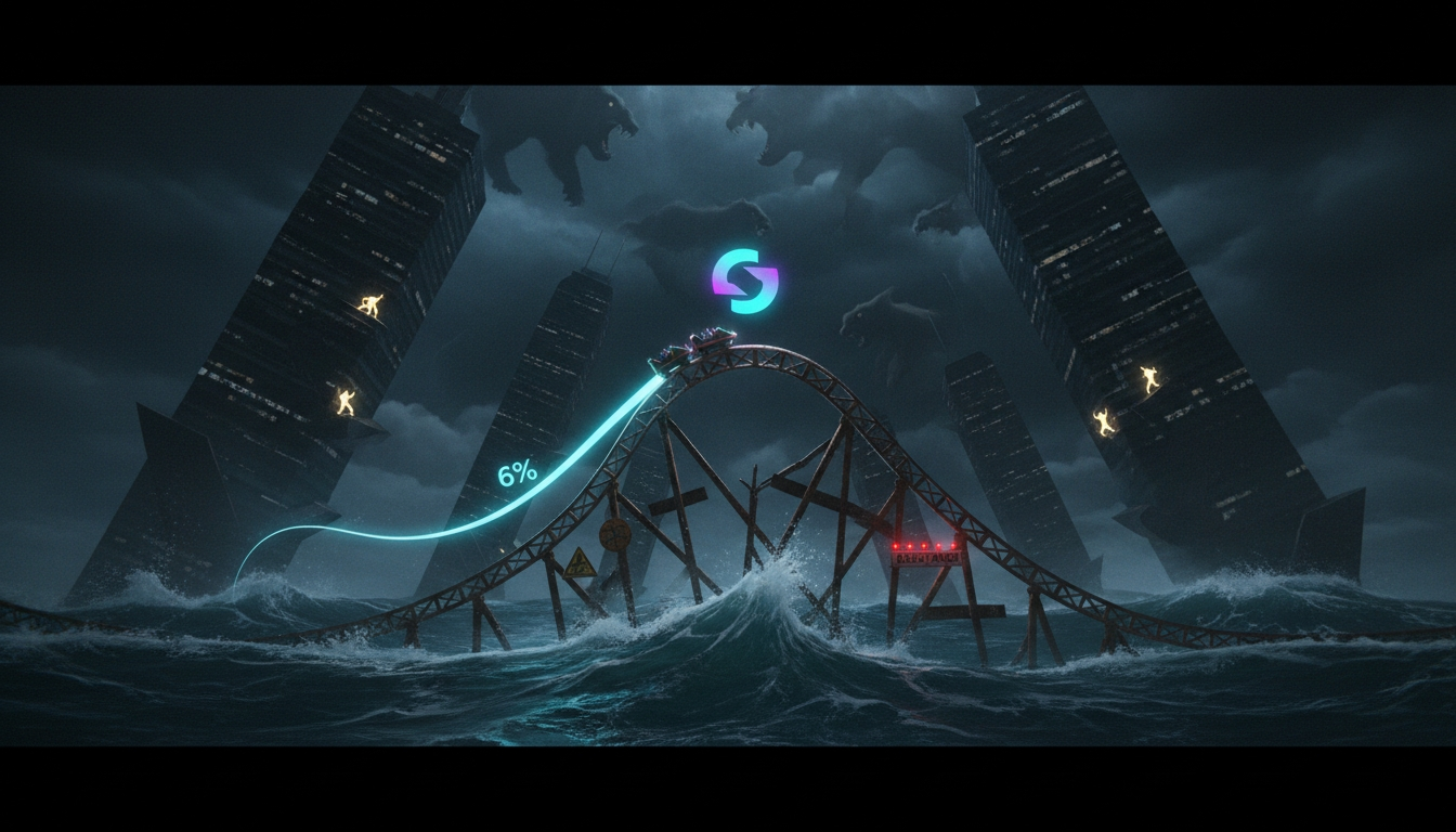 A stormy ocean at night with a broken rollercoaster track rising from the waves, a glowing Solana-style crypto symbol above it, and dark skyscrapers leaning inward while ghostly bearish creatures loom in the clouds.