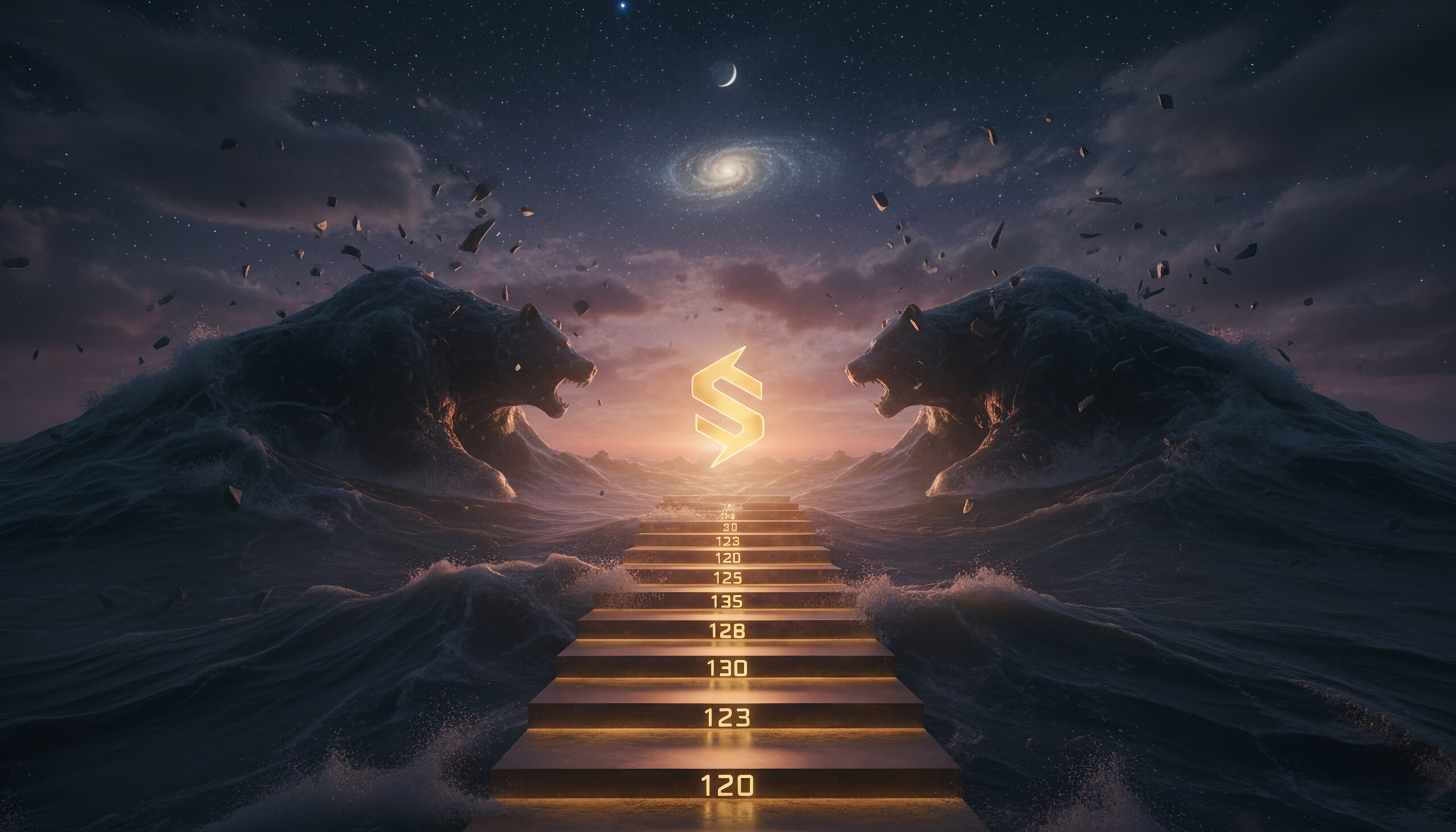 Cinematic scene of a glowing Solana “S” logo floating above a golden stairway rising from stormy ocean waves, with two massive bear-shaped waves facing each other under a dramatic, starry sky and galaxy.