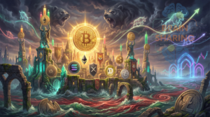 Epic fantasy crypto city with a blazing golden Bitcoin sun shining over statues holding giant coins, surrounded by glowing Ethereum, Solana, XRP, Dogecoin, Litecoin, and other token symbols above stormy red‑and‑green market waves, while ghostly bulls charge upward across the sky and roaring bears emerge from dark clouds.