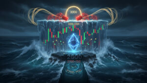 Cinematic digital illustration of a stormy ocean at night where a tall icy cliff made of red and green candlestick charts looms above crashing waves, red bear figures hammer the top near the 3000 level, a glowing blue Ethereum logo floats on a rocky 2800 platform above a whirlpool labeled 2700–2750, and golden arcs of compressed energy curve over the scene, symbolizing Ethereum’s struggle between bearish breakdown and potential bounce at key price levels.