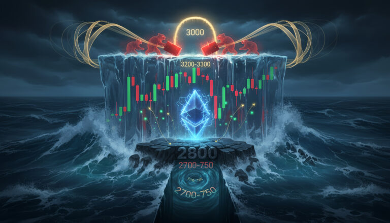 Cinematic digital illustration of a stormy ocean at night where a tall icy cliff made of red and green candlestick charts looms above crashing waves, red bear figures hammer the top near the 3000 level, a glowing blue Ethereum logo floats on a rocky 2800 platform above a whirlpool labeled 2700–2750, and golden arcs of compressed energy curve over the scene, symbolizing Ethereum’s struggle between bearish breakdown and potential bounce at key price levels.