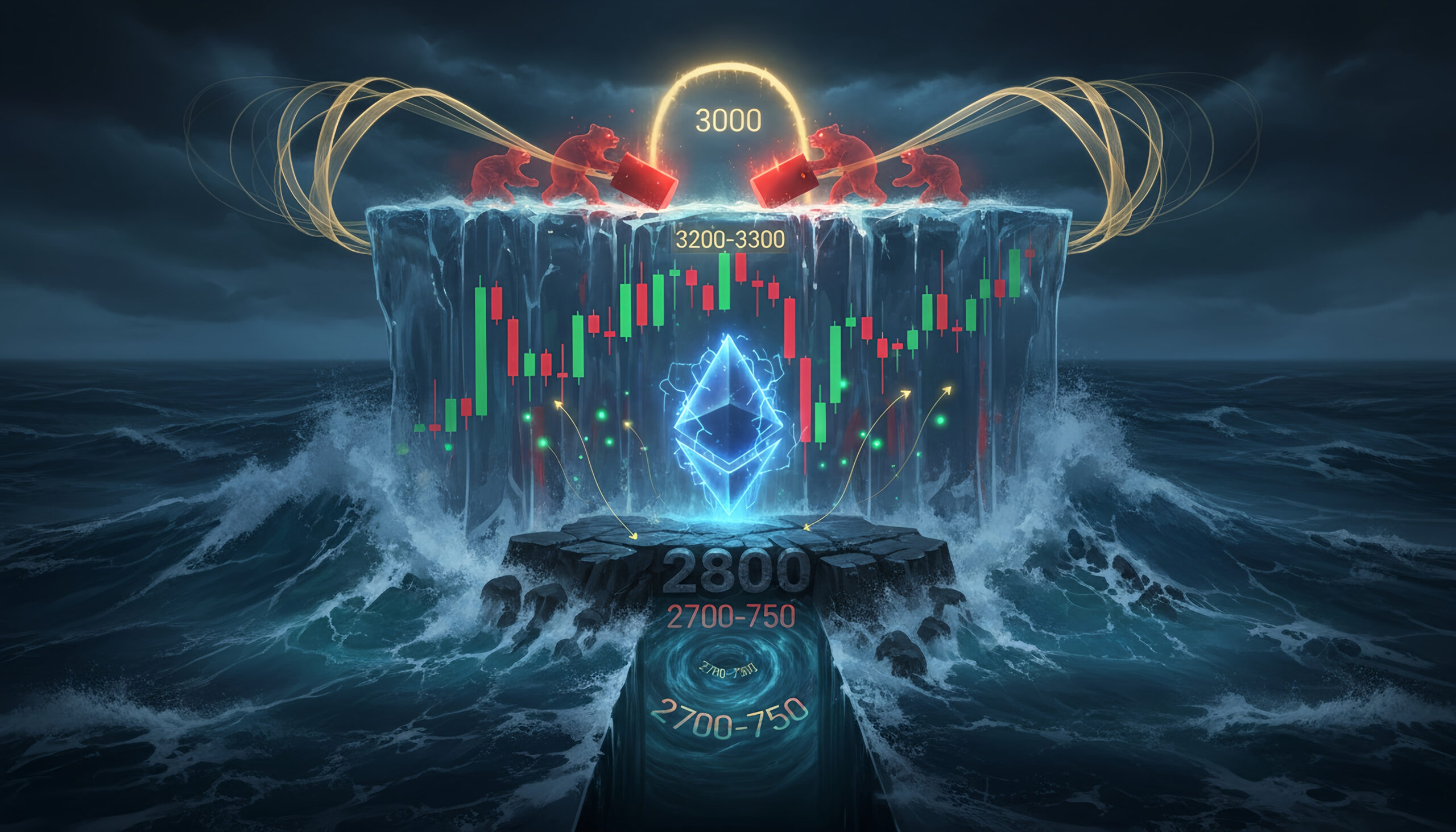 Cinematic digital illustration of a stormy ocean at night where a tall icy cliff made of red and green candlestick charts looms above crashing waves, red bear figures hammer the top near the 3000 level, a glowing blue Ethereum logo floats on a rocky 2800 platform above a whirlpool labeled 2700–2750, and golden arcs of compressed energy curve over the scene, symbolizing Ethereum’s struggle between bearish breakdown and potential bounce at key price levels.