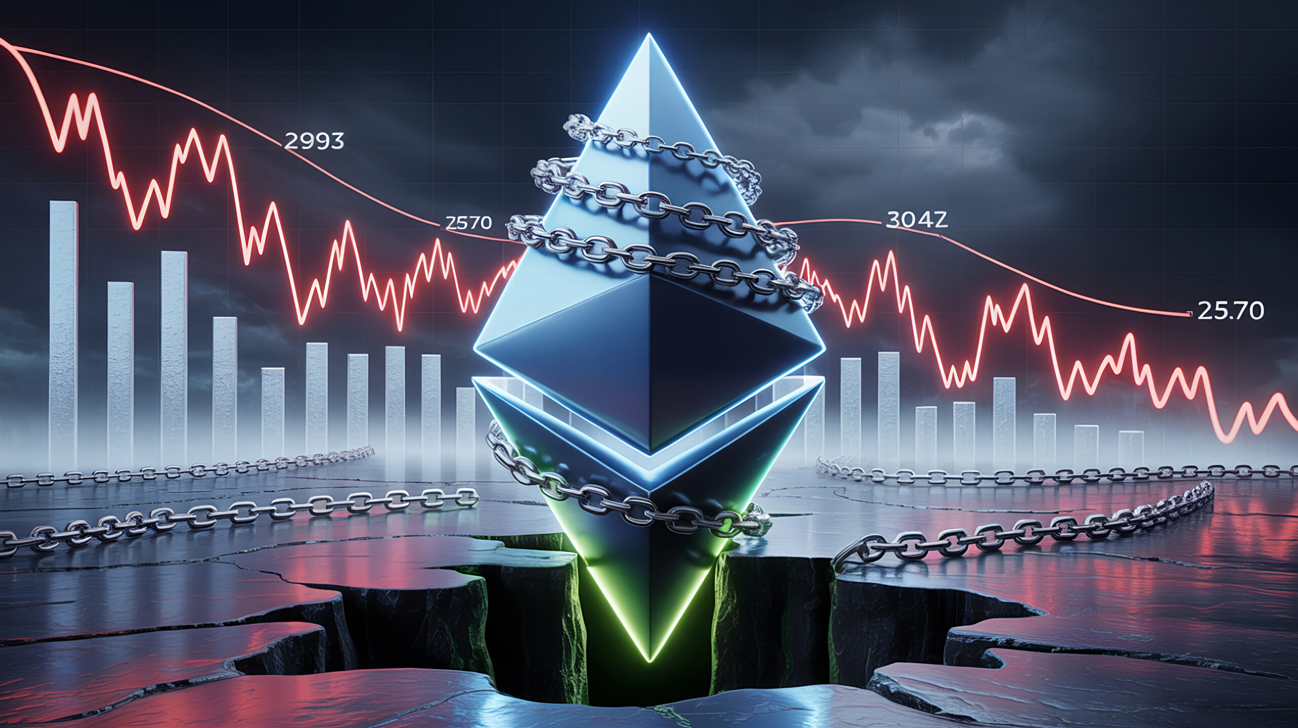 A glowing Ethereum symbol made of stacked metallic diamonds is wrapped in heavy chains above a cracked floor opening into a deep pit, with a red falling price chart and bar graph in the stormy sky behind it.