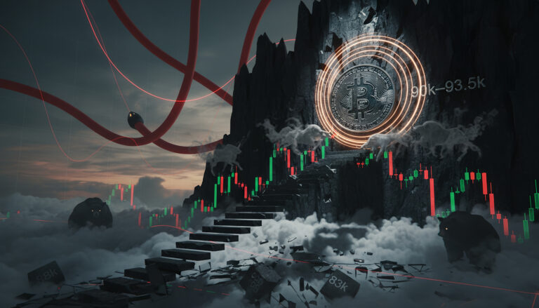 A dark, surreal crypto landscape shows a stone staircase of candlesticks rising through clouds toward a rocky cliff, where a glowing Bitcoin coin and “90k–93.5k” resistance level loom above collapsing “88k” and “83k” supports, with ghostly bulls and lurking bears.