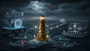 openartGolden lighthouse made of bitcoins guiding digital whales and futuristic crypto cities across a stormy night ocean, with a fear and greed index in the sky. cinematic digital illustration of a vast stormy ocean at night symbolizingation ultra detailed high resolution sharp focus moody cinematic lighting pdrxjggq upscaled