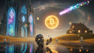 Cinematic fantasy landscape with a glowing Bitcoin sun connecting a cozy house, a neon Ethereum cathedral, a Solana meme-comet in the starry sky, and a fragmented Aave mask rising from reflective water, symbolizing different crypto communities.